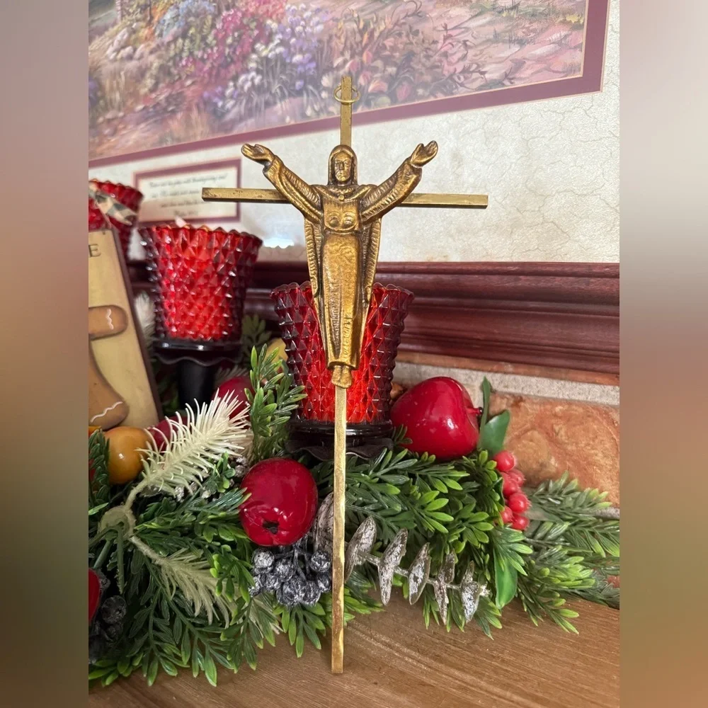 Vintage 1961 Heavy Gold Bronze Jesus Crucifix Religious Cross with Wall Holder